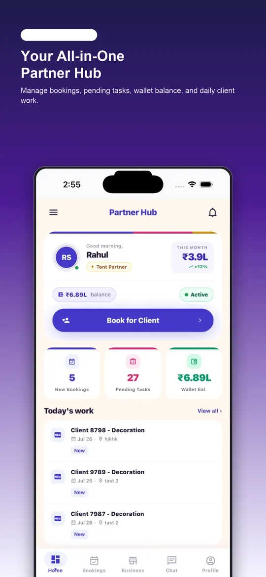MarryMantra Partner App, showing bookings, assignments, and wallet
