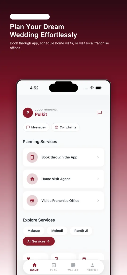 MarryMantra User App home, showing app, home visit, and franchise office planning paths