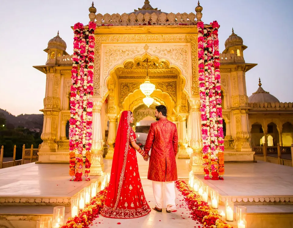 Indian wedding couple walking toward a flower-decorated palace